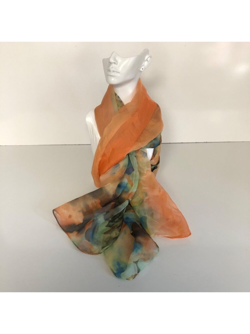 Abstract Floral Orange Green Scarf Lightweight Sheer Rectangle 27x62in